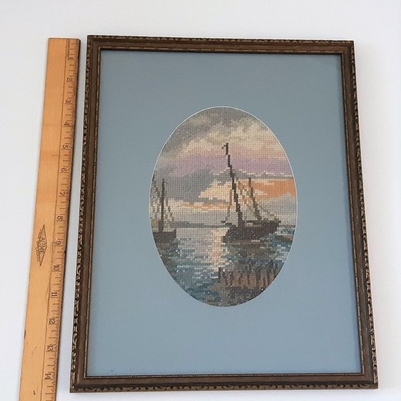 VTG Antique Sail Boats Needlepoint 2 Pictures Framed 14.25" X 11.25" Nautical - Picture 7 of 10